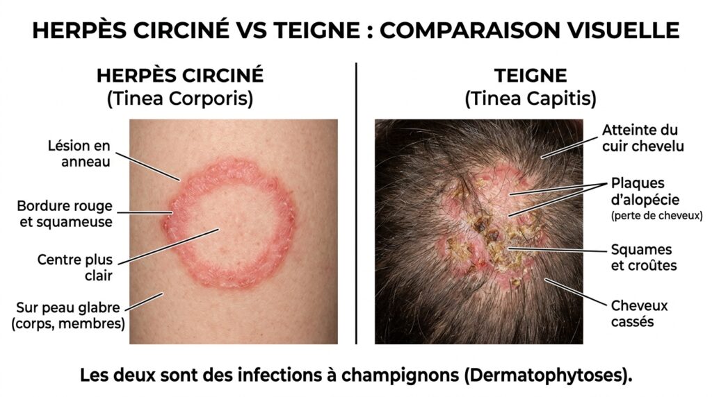 Différence entre herpès circiné et teigne : comparaison visuelle